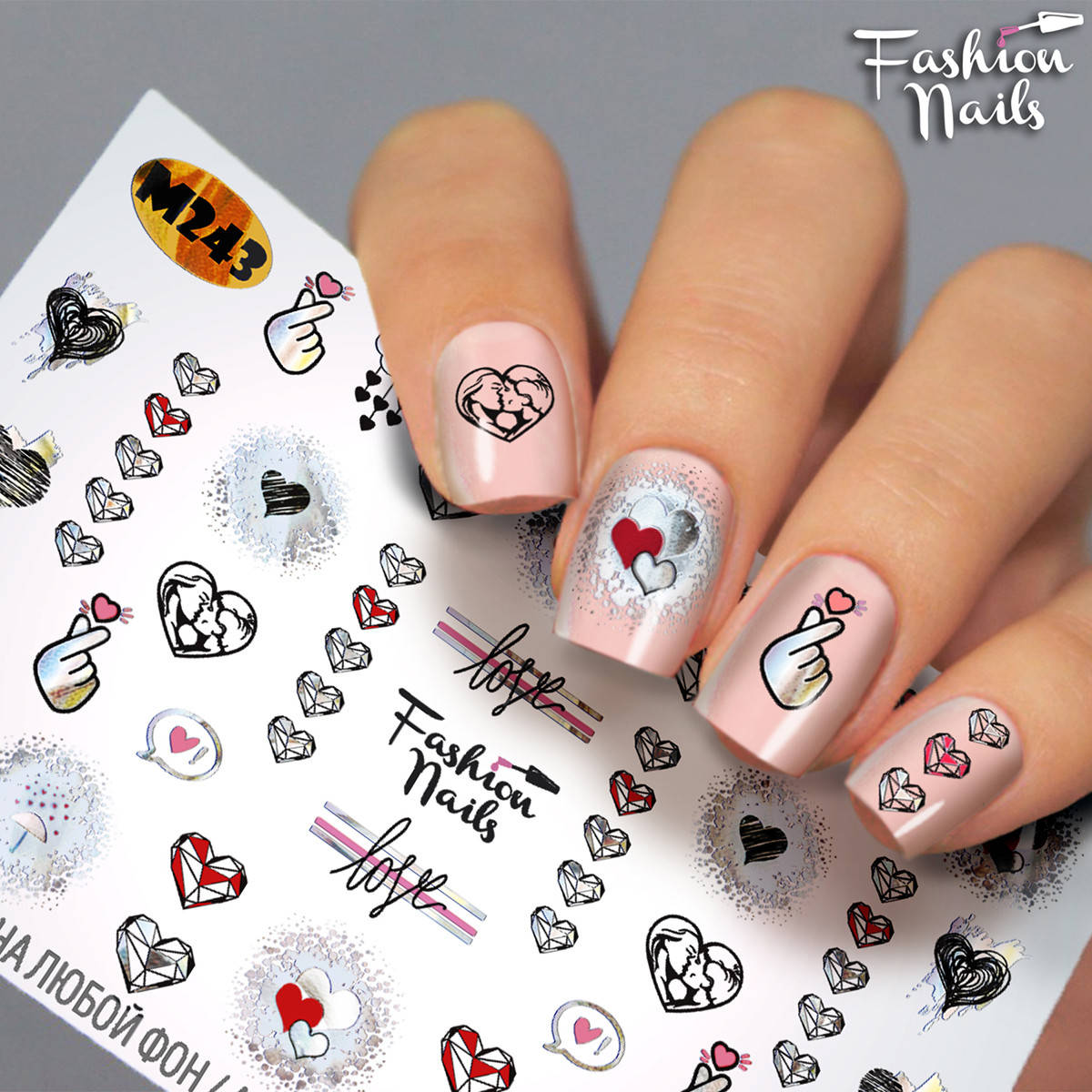 

Слайдер-дизайн наклейки на ногти для маникюра водные Fashion Nails М 243 фольгированные сердечки!, Красный