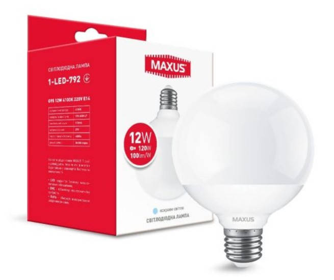 

Лампа светодиодная 12W E27 MAXUS G95 4100K 220V шар