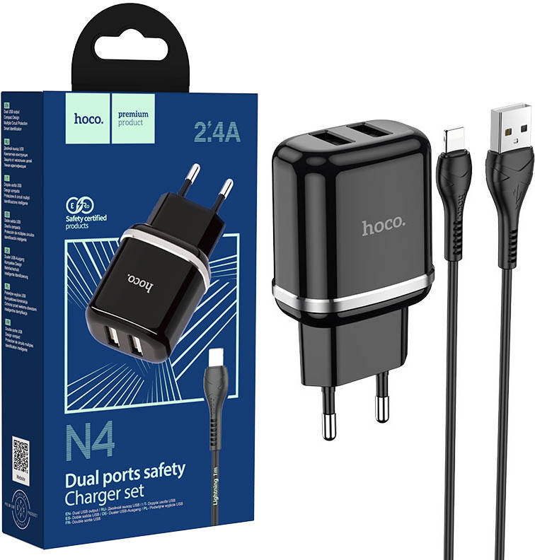 

Зарядное устройство HOCO N4 2 USB 2.4A + кабель Lightning Black, Белый