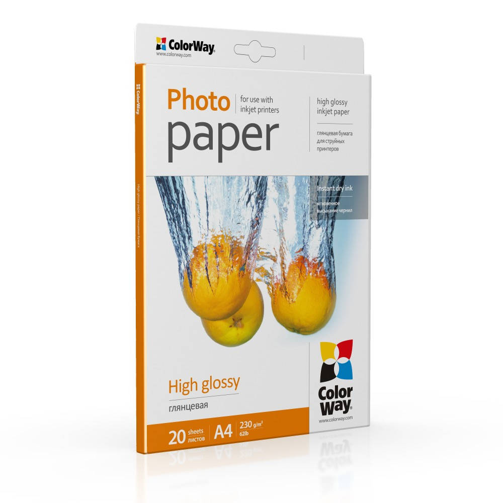 

Фотобумага ColorWay глянцевая 230г/м A4 20л (PG23020A4) картонная упаковка, Белый