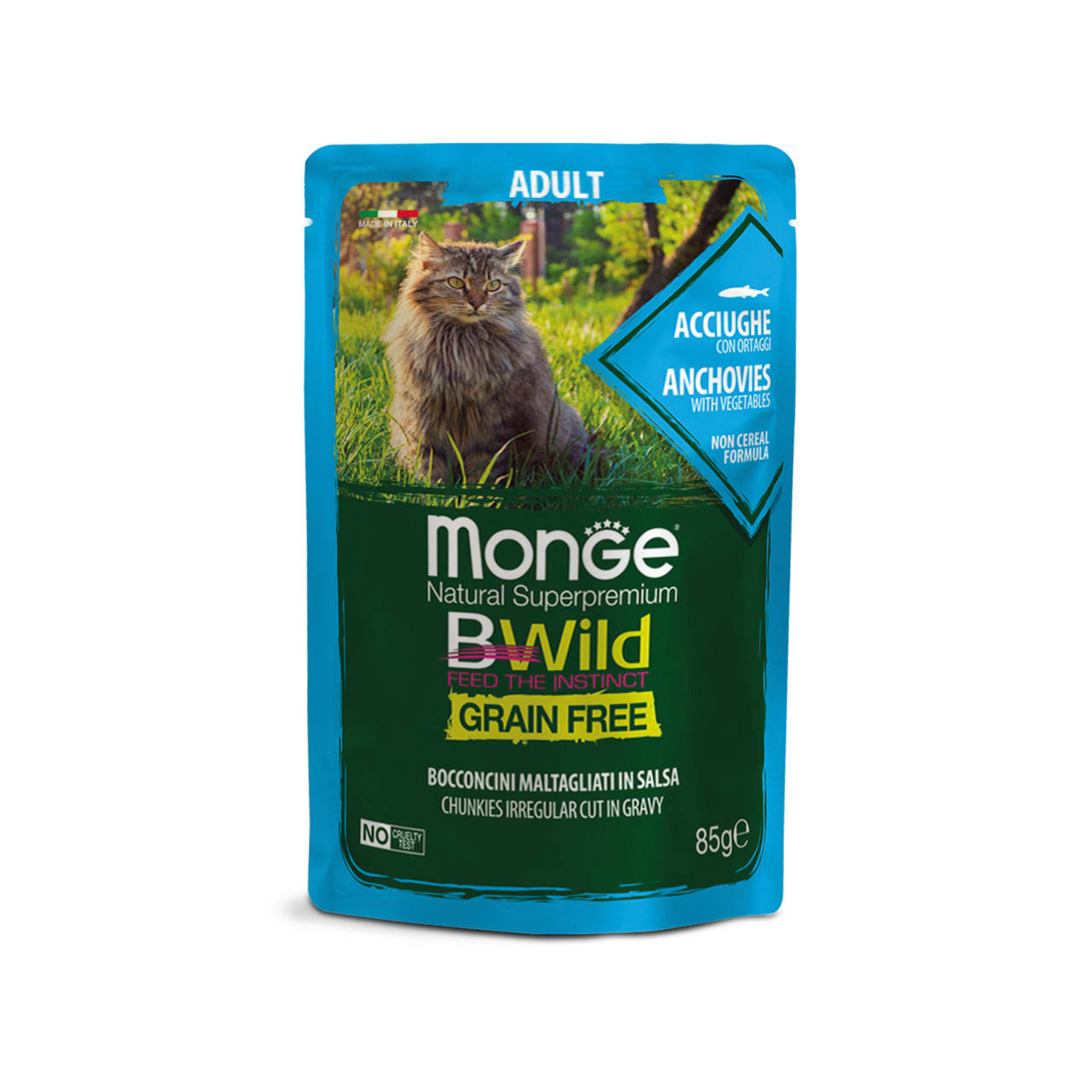 

MONGE BWILD CAT Беззерновая консерва из анчоуса с овощами для взрослых кошек 85 гр