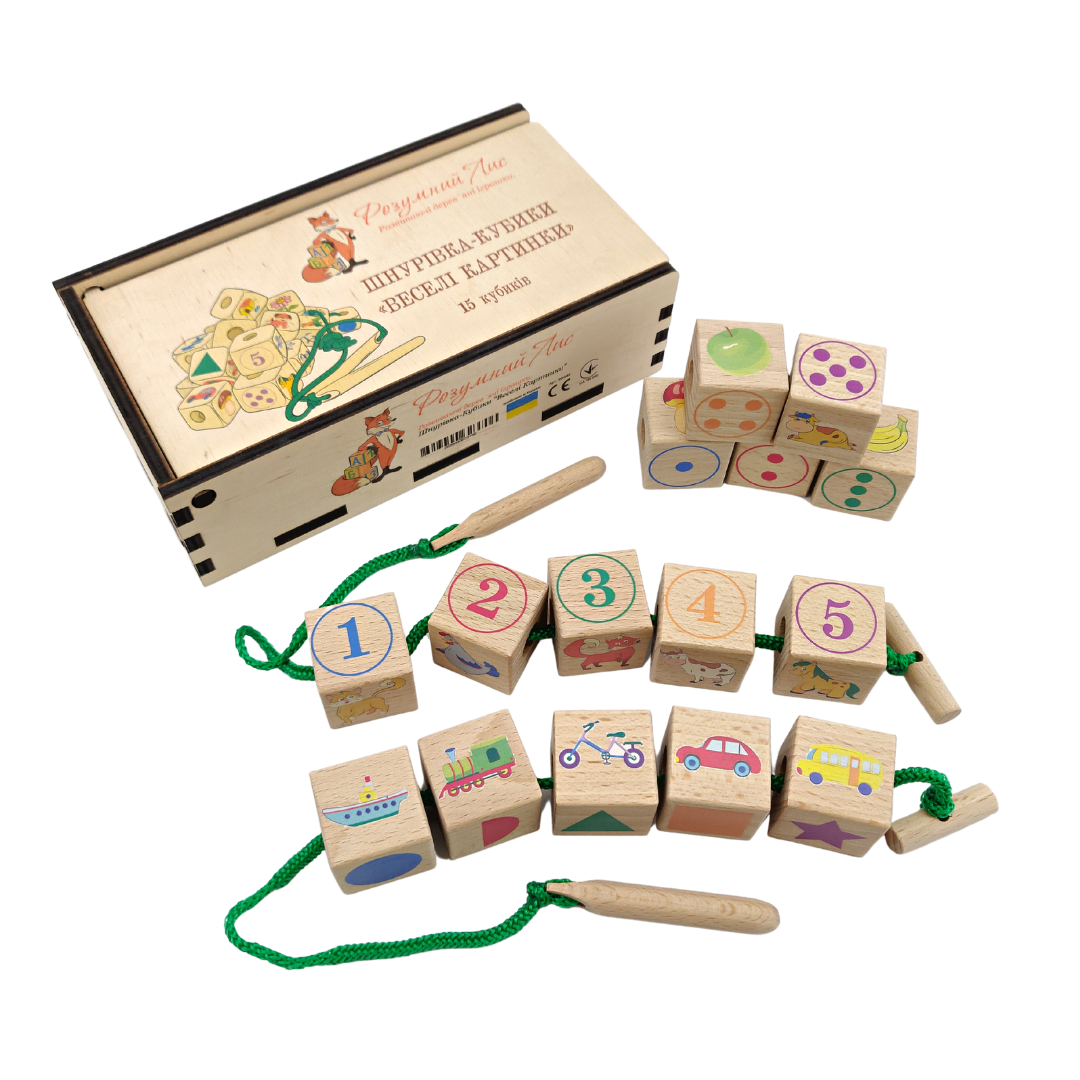 

Игрушка для развития мелкой моторики шнуровка кубики "Веселые картинки"