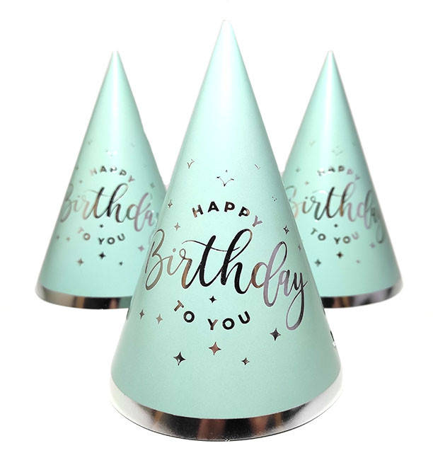 

Колпак праздничный 15 см "HappyBirthday" серебро на мятном