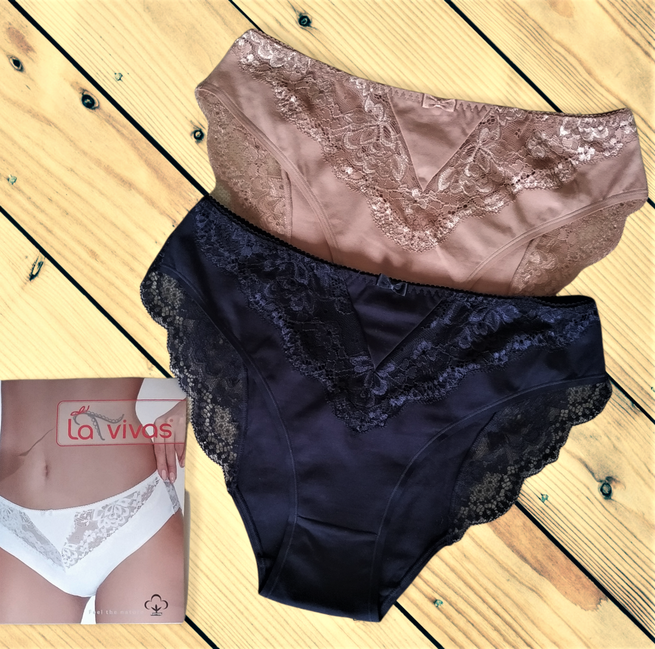 

Трусики женские с кружевом La Vivas в упаковке 2шт синий+беж Размеры XL