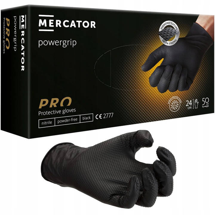 

Нитриловые перчатки Cупер прочные черные Powergrip  .Mercator Medical (50шт/25пар, Черный