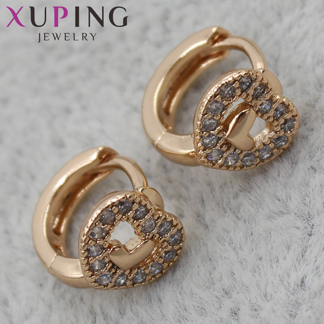

Серьги женские золотистого цвета Xuping Jewelry застежка-кольцо в виде сердечек с кристаллами 24K