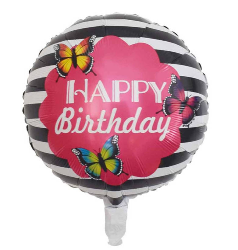 

Фольгированный шар Happy Birthday полосатый с бабочками (Китай), Разные цвета
