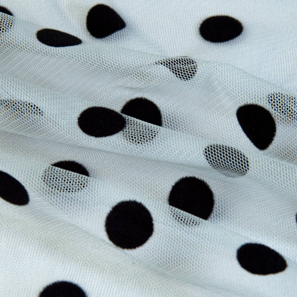 

Ткань сетка стрэйч Горох с флоком полин чорна