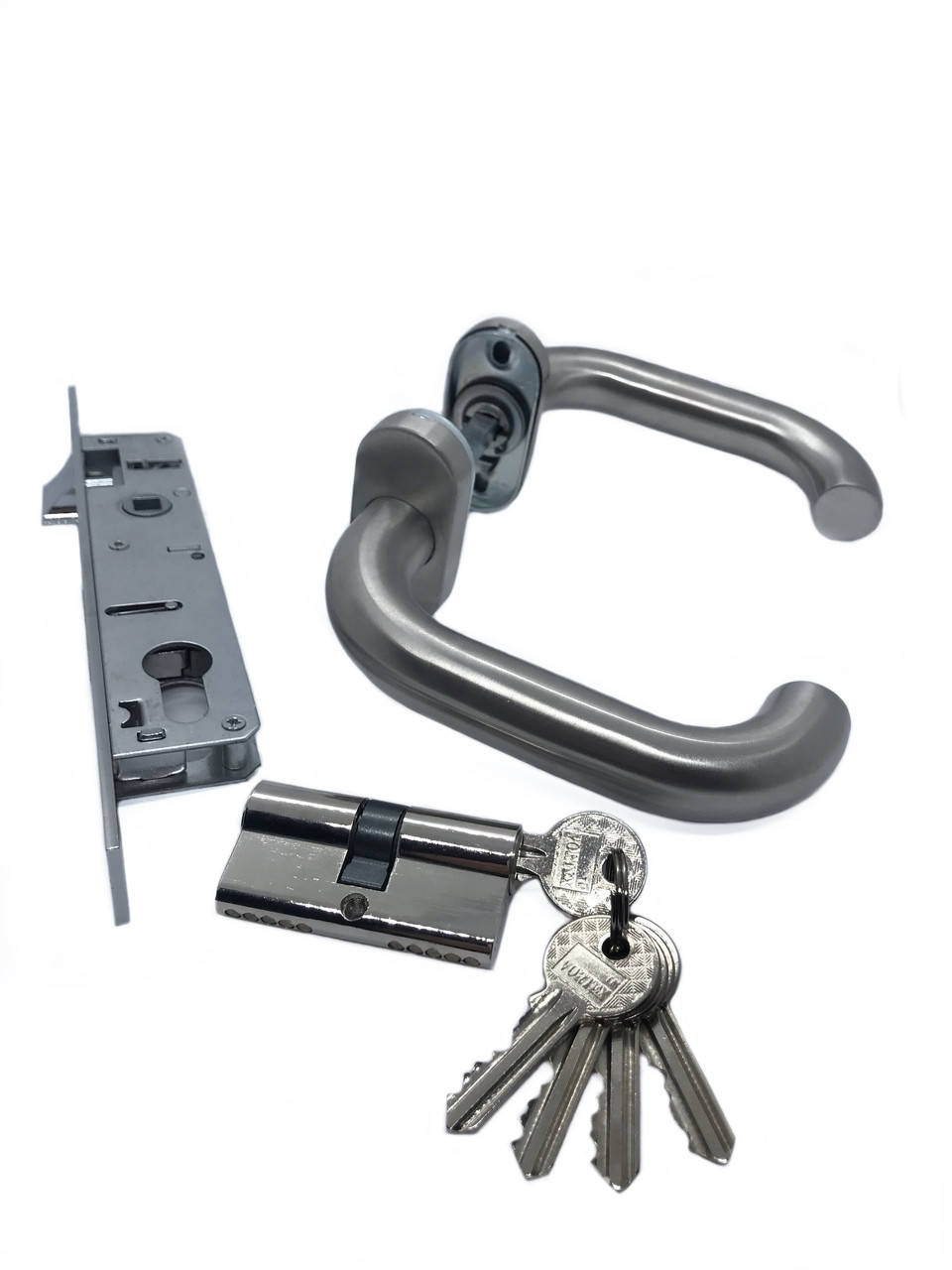 

Замок врезной с ручками на ворота (калитку) узкий на розетке, нержавеющая сталь