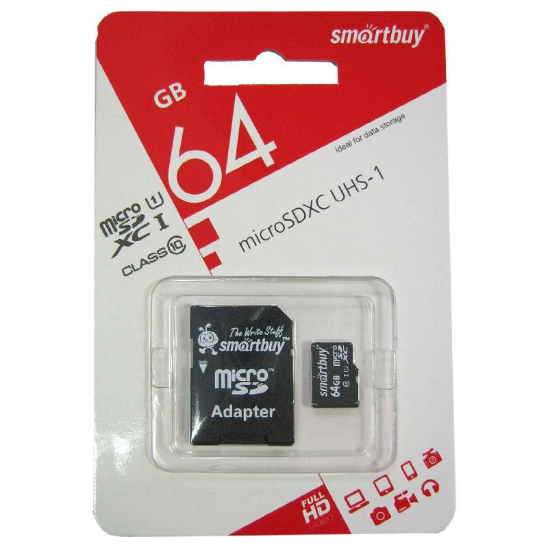 

Карта памяти micro-SDXC 64Gb Smartbuy Class10 UHS-1 + SD adapter