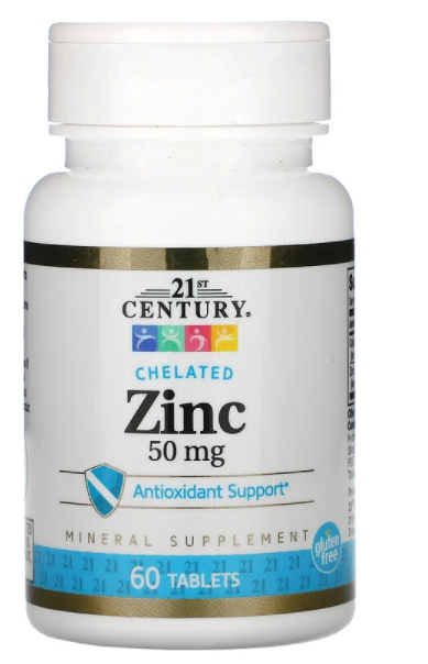 

21st Century,хелатный цинк, 50 мг, 60 таблеток,цинк хелат,цинк 50 мг