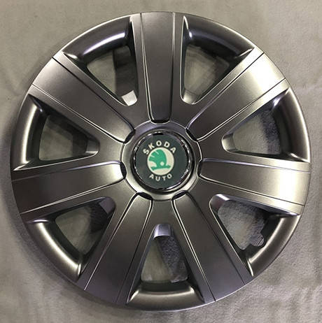 

Колпаки Skoda R14 зеленая эмблема, серебро - (SJS ke4298) - комплект (4 шт.)