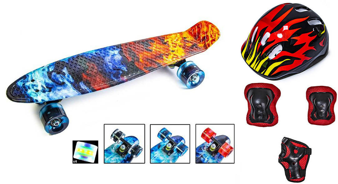 

+ Шлем Огонь + Защита + Пенни Борд Penny Board 22Д Огонь и лед Светящиеся колеса, Разные цвета
