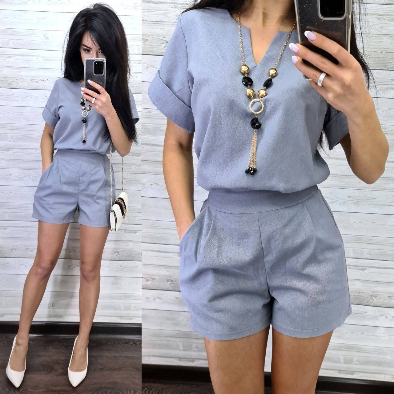 

Летний костюм шорты и футболка из льна, Синий