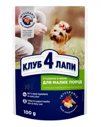 

Клуб 4 лапы влажный корм с курицей в желе для мелких пород 0,1кг (Club 4 Paws Premium Small Breeds)