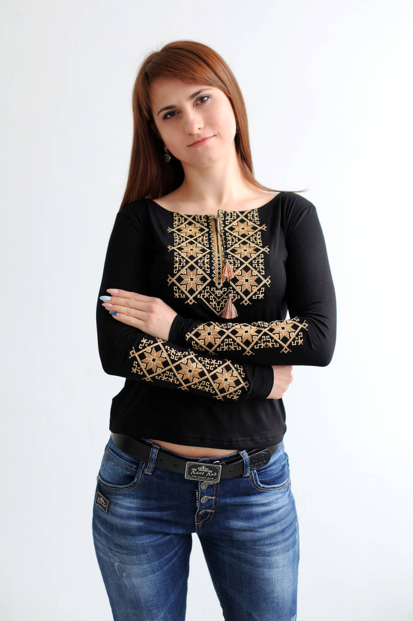 

Современная футболка на длинный рукав, женская вышиванка с вышитыми рукавами. В-3, Черный