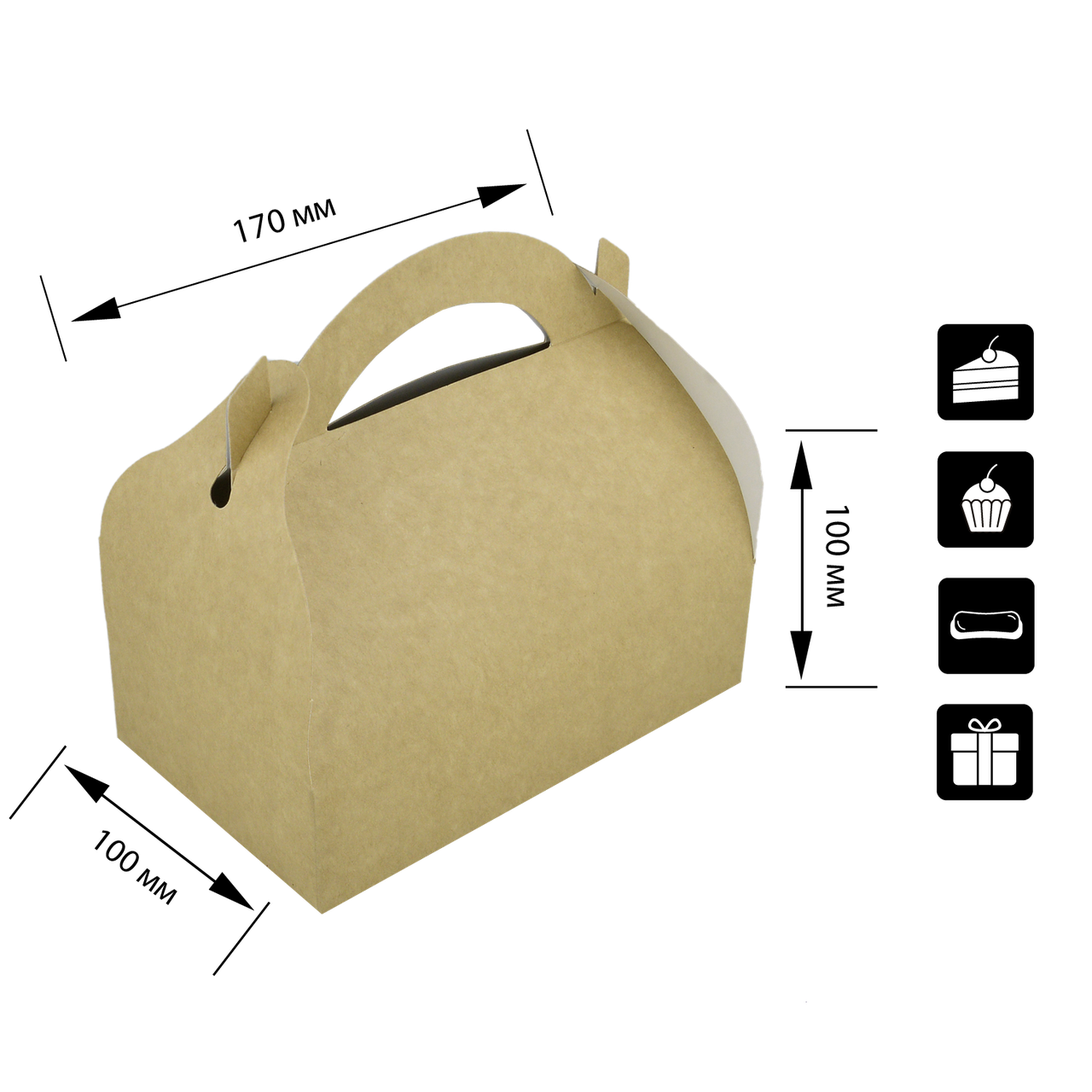 

Упаковка для кондитерских изделий с ручкой крафт 100х170х100 мм