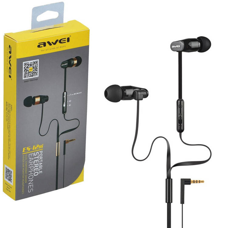 

Наушники с микрофоном проводные для телефона компьютера 3.5 мм (mini-Jack) Awei ES-12Hi Черные, Черный