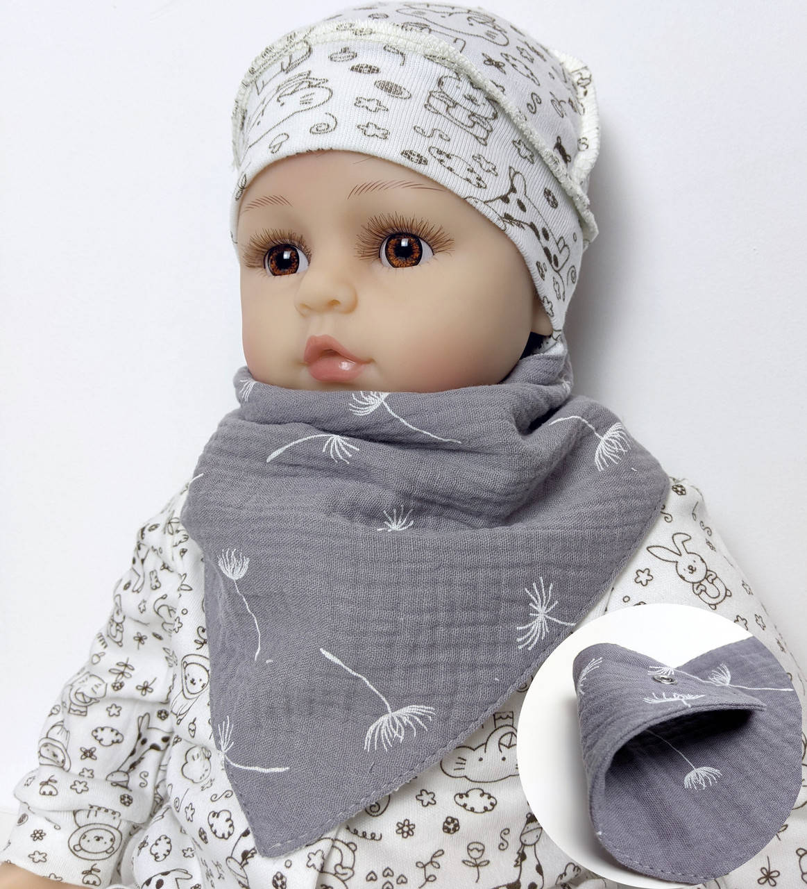 

Слюнявчик-бандана из муслина (одуванчики), Серый