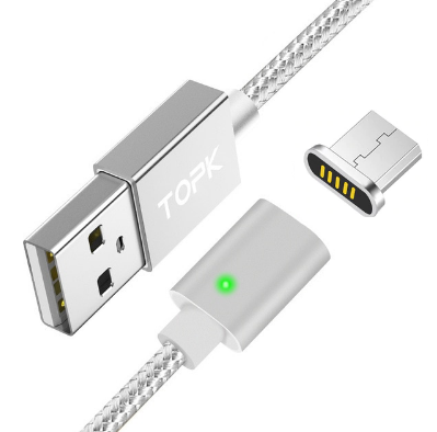

Кабель магнитный для зарядки телефона Topk MicroUSB Android 100см |2.4A| Серебряный