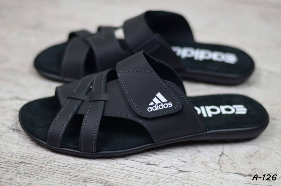 

ХИТ 2021 Мужские кожаные шлепанцы Adidas тапки на лето море шлепанци, чоловічі шльопанці натуральна шкіра., Черный