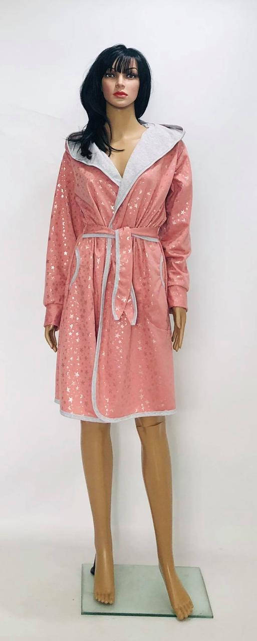 

Домашний женский халат на запах с капюшоном 48