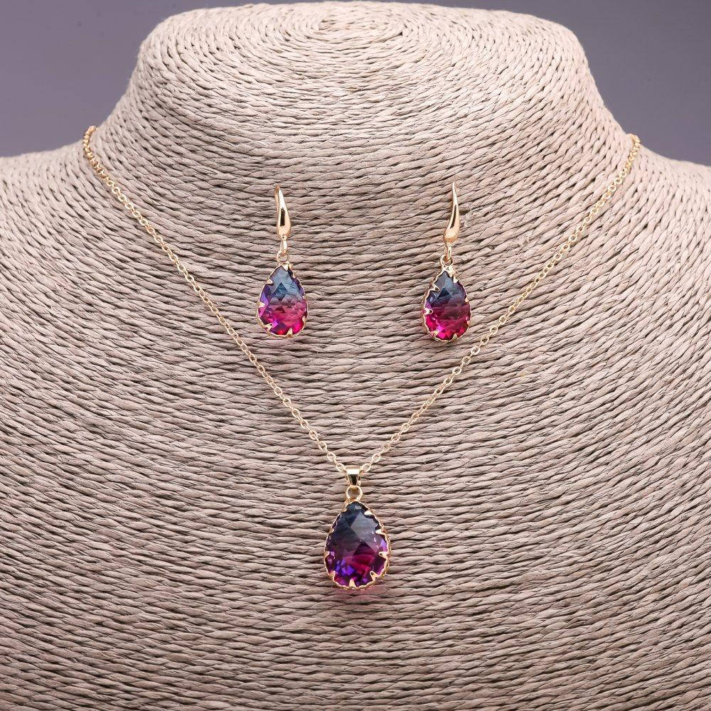 

Набор "Капля" мультицвет малиновый синий Кулон 23х12мм и Серьги 30х11мм L-50см