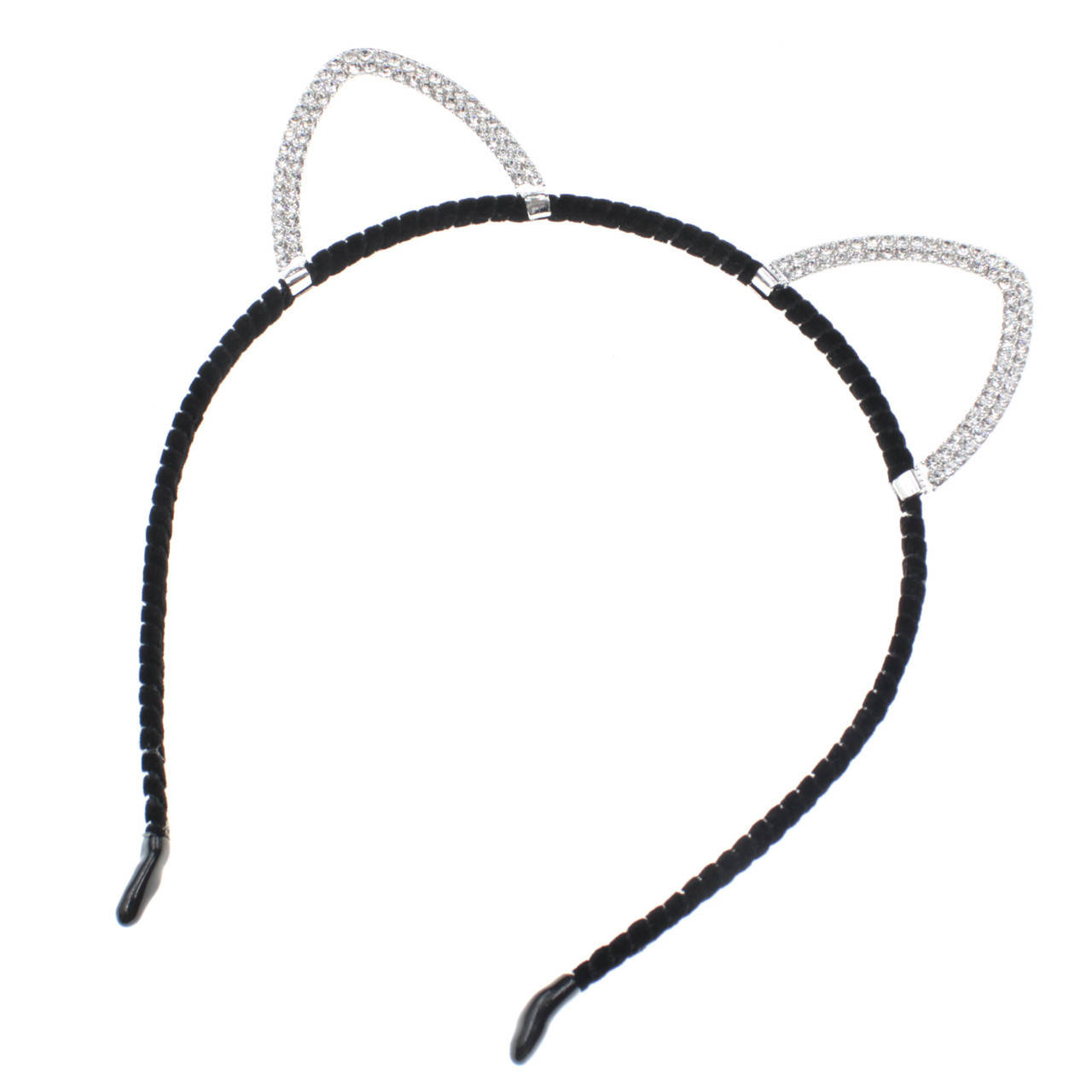 

Обруч для волос детский чёрный бархатный с ушками кошечки с серебристыми стразиками, Черный
