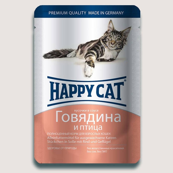 

Влажный корм для кошек Happy Cat Хеппи Кет говядина и птица кусочки в соусе 100 гр