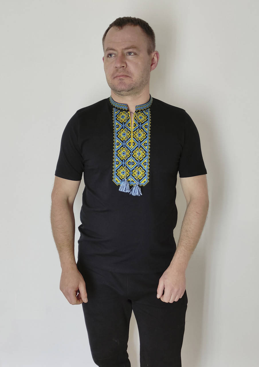 

Футболки вышиванки черные вышитые желто голубым крестиком