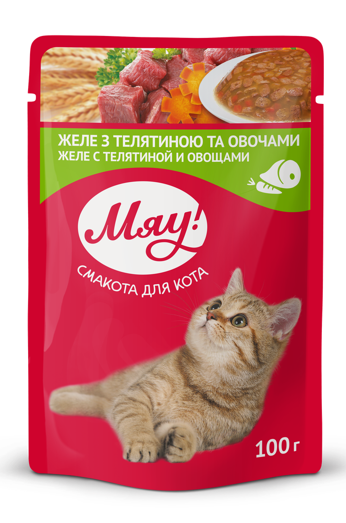 

Влажный Корм Мяу с телятиной и овощами в желе для взрослых котов 100гх24шт