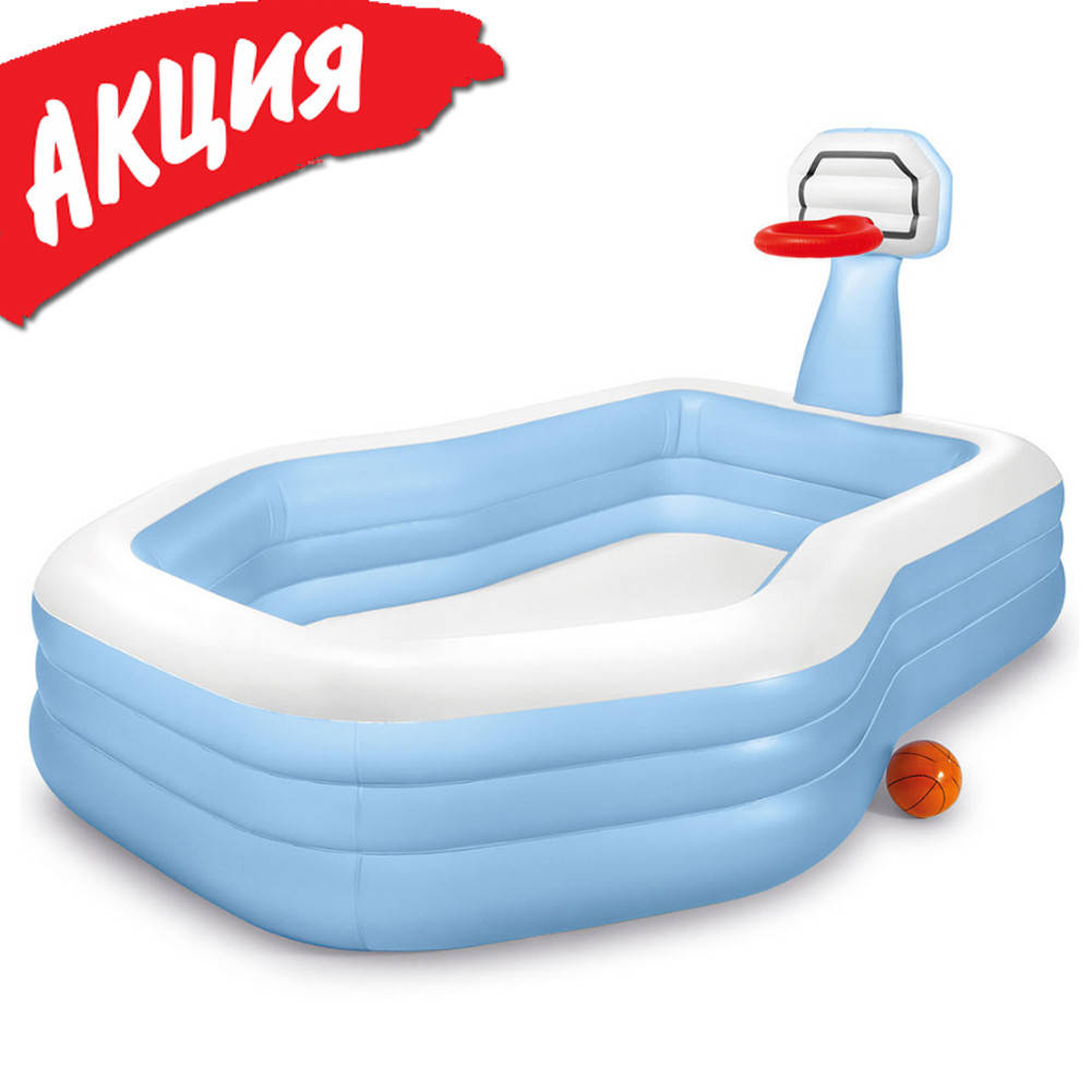 

Детский надувной бассейн Intex 57183 Семейный 257х188х130 см Баскетбол интекс для всей семьи Для дачи От 3 лет, Голубой