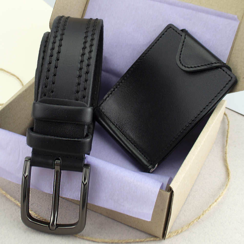 

Подарочный набор мужской №31: Ремень + зажим для денег (черный)