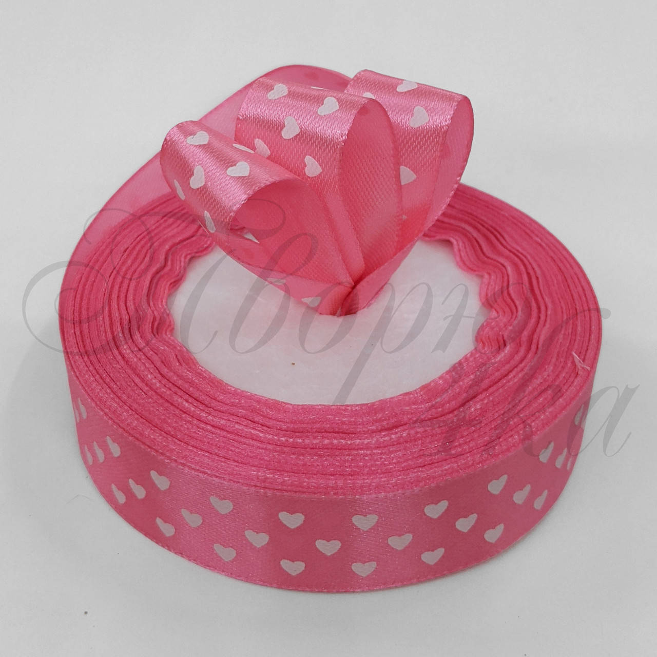 

Лента атласная с рисунком сердце розовая 20 мм, Розовый