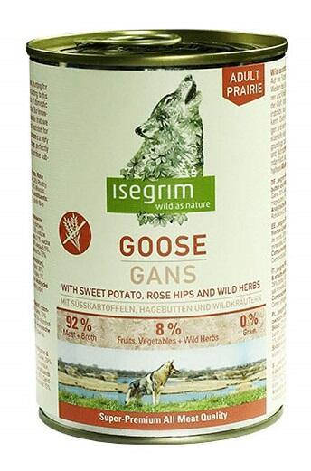 

Консервированный корм для собак Isegrim с мясом гуся, бататом, шиповником и дикорастущими травами 400 г.