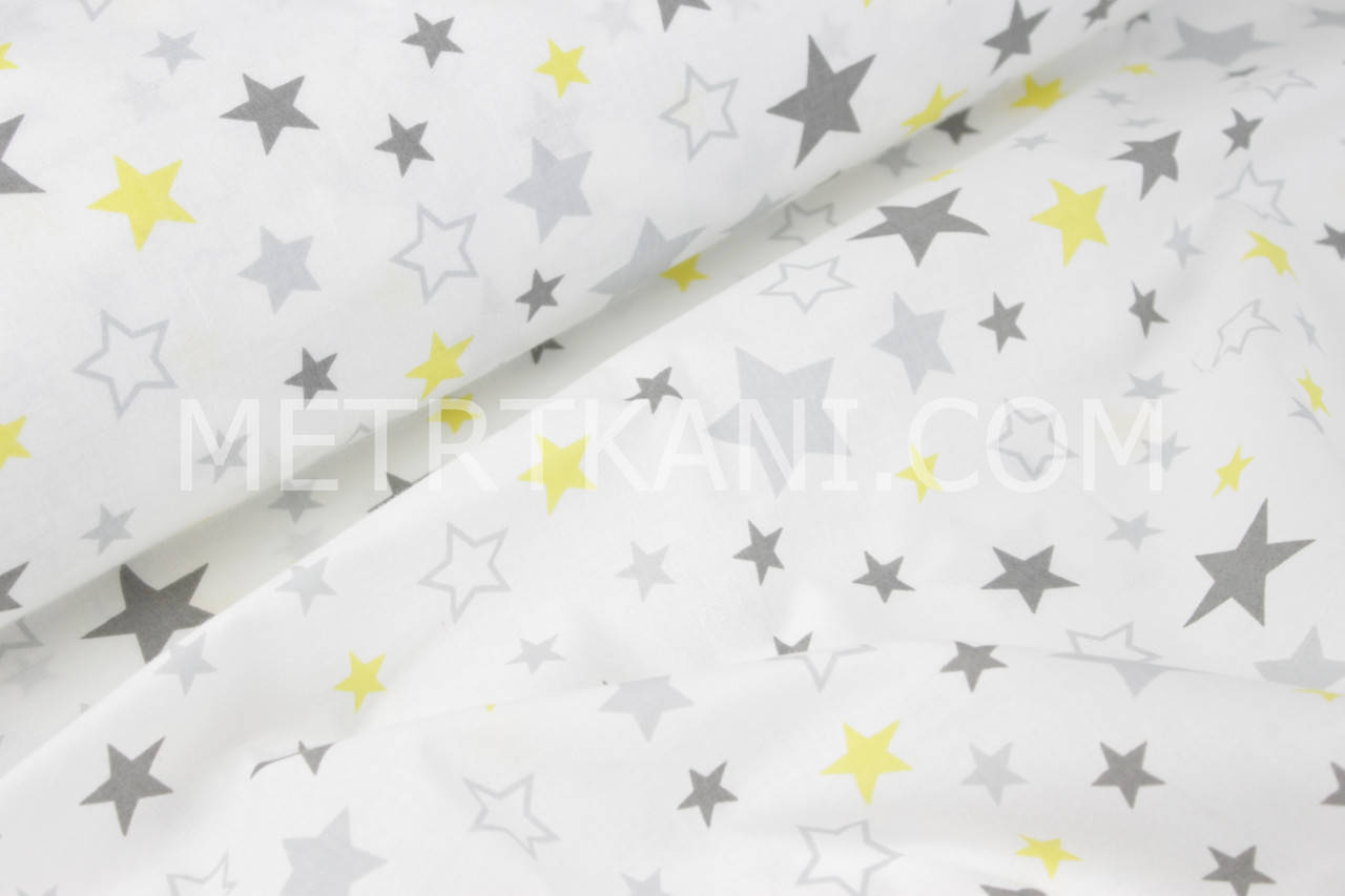 

Ткань хлопковая "Звездопад" серых и желтых тонов на белом фоне №1302, Белый