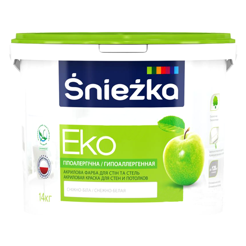 

Краска Sniezka ECO гипоаллергенная акриловая для стен и потолков 10л (14кг), Белый