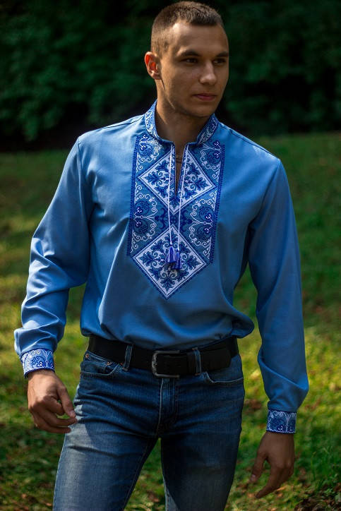 

Мужская рубашка-вышиванка "Говерла", длинный рукав, ткань джинс, р. 44,46,48,52,54 сине-бел