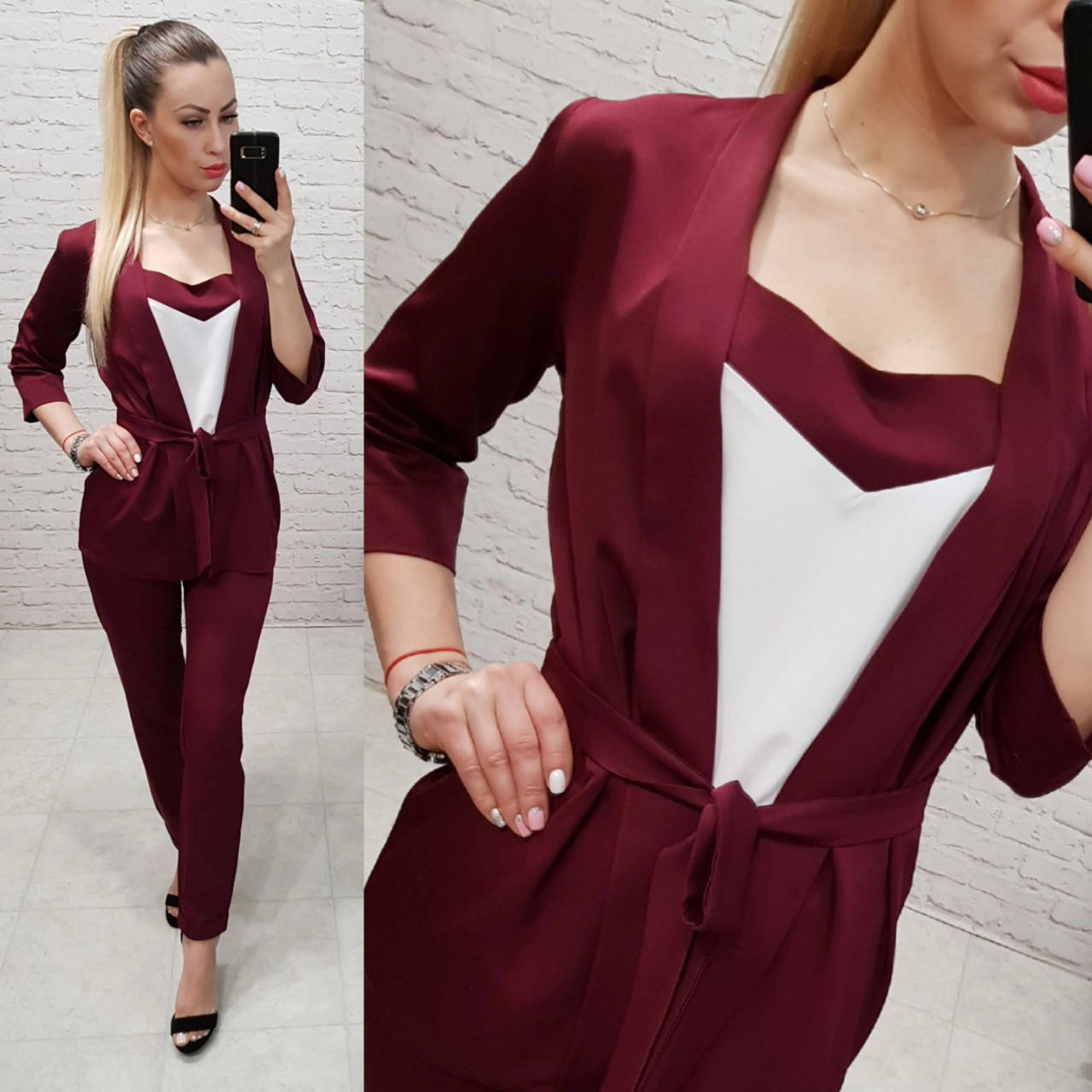 

Костюм женский брючный тройка арт. 165 марсала / вишня / бордо 52, Бордовый