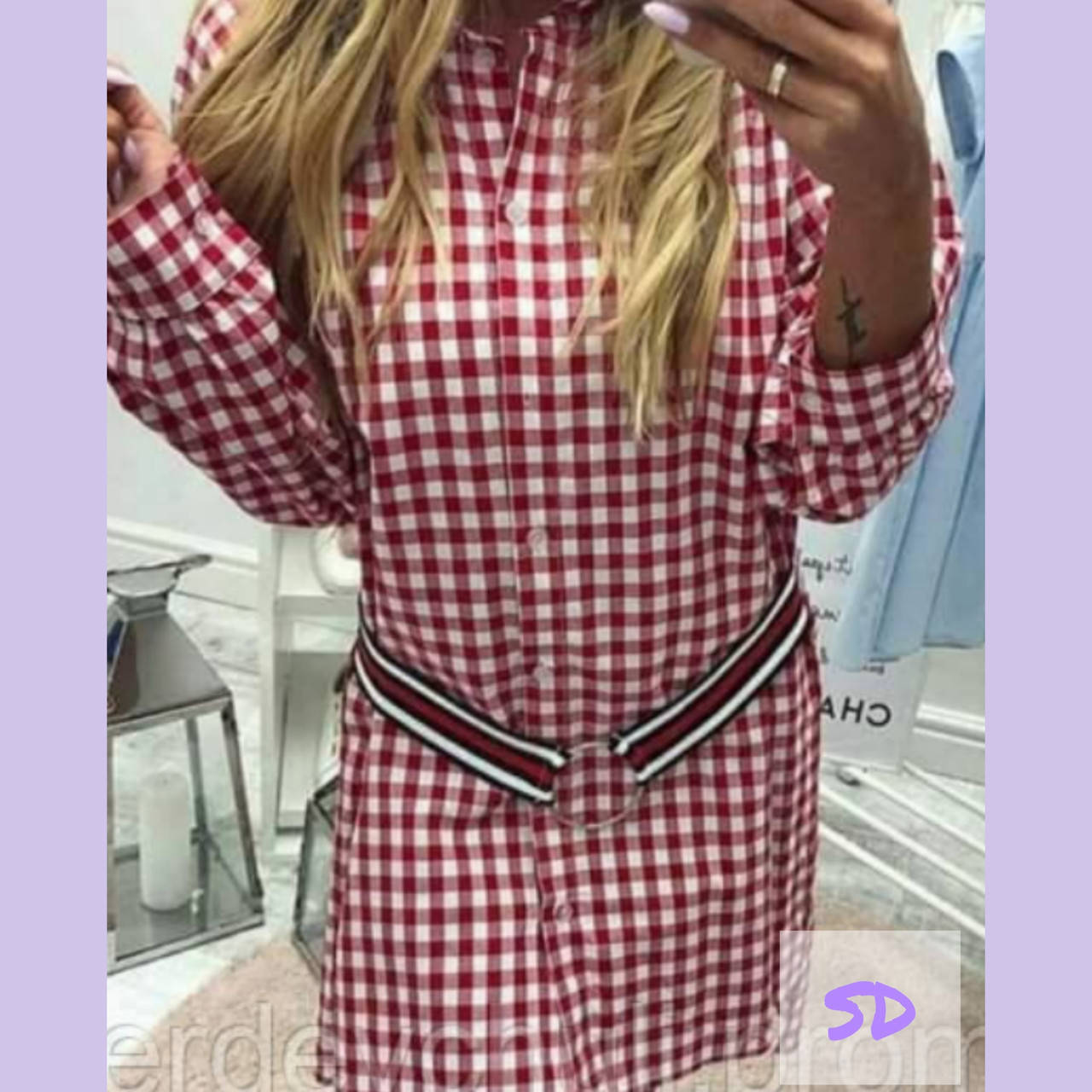 

Длинная женская рубашка котоновая красная в клетку с поясом, Красный