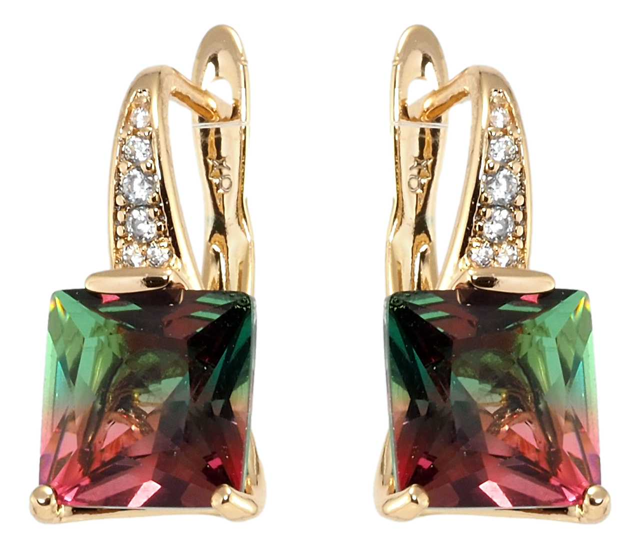 

Серьги Xuping Позолота 18K английский замок "Квадратный красно-зелёный кристалл"