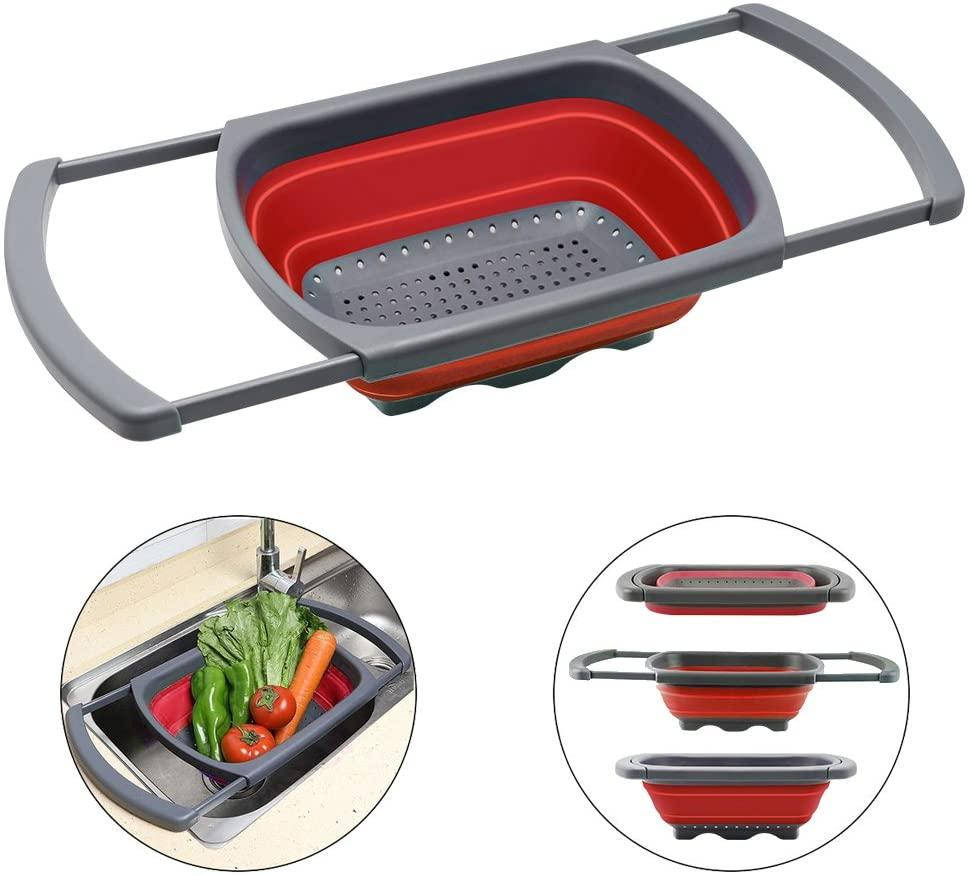 

Дуршлаг силиконовый складной с выдвижными ручками для мытья фруктов и овощей, Красный