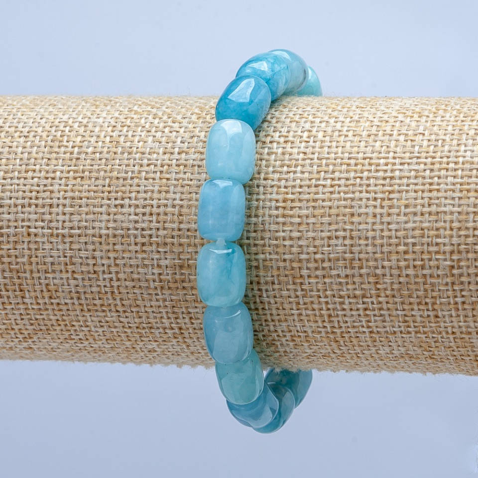 

Браслет на резинке из натурального камня Аквамарин гладкий бочонок d-10х8мм+-