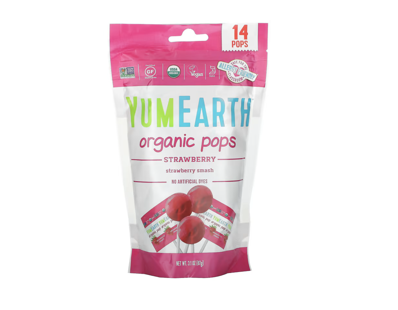 

YumEarth, льодяники з органічної полуниці, 14 льодяників, 87 г
