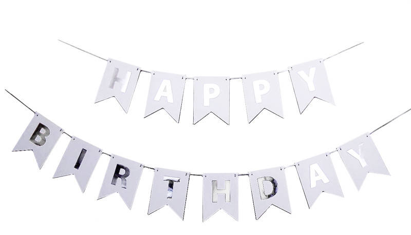 

Гирлянда бумажная флажки Happy Birthday серебро на белом