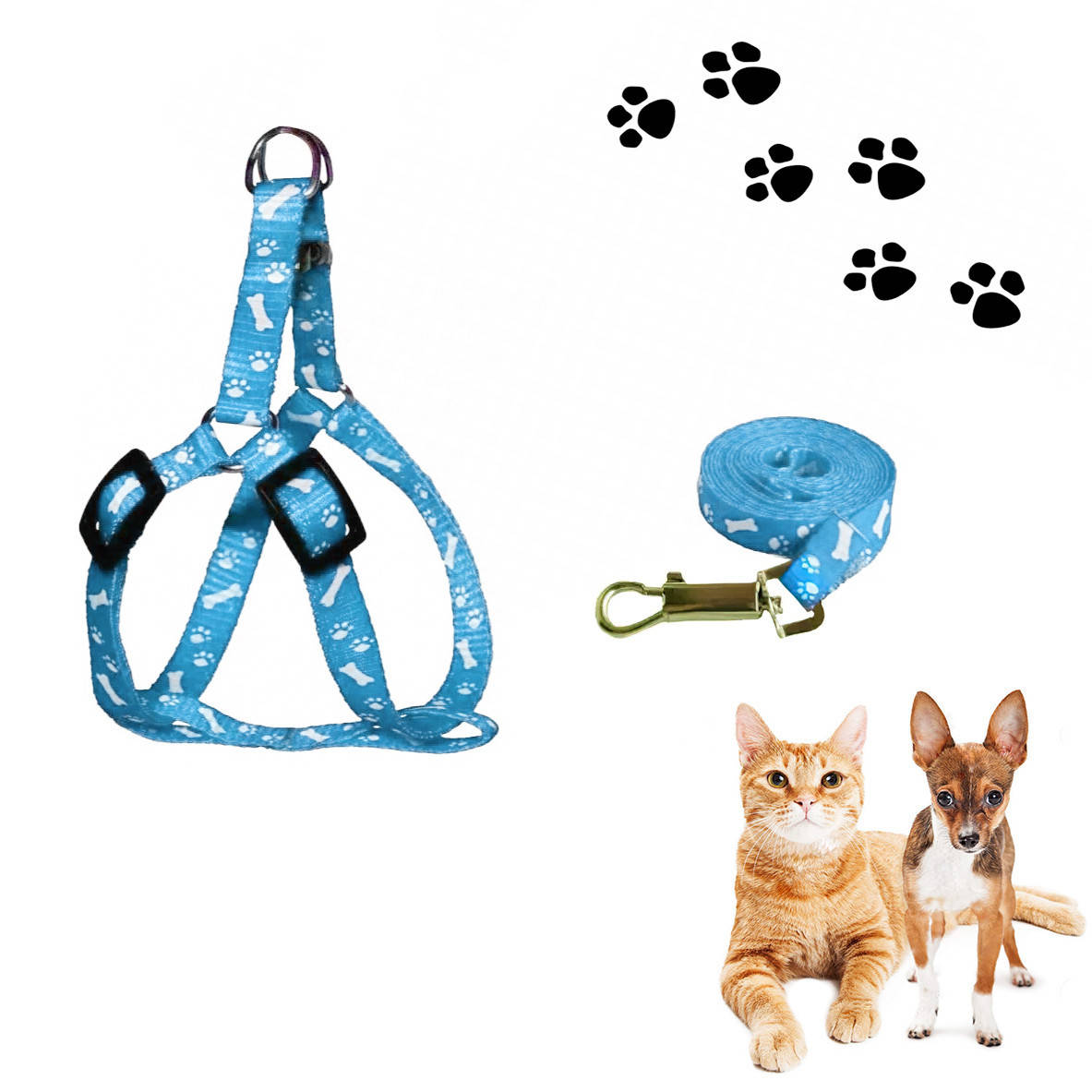 

Шлейка для собаки/кота и поводок 1 м (рис. лапки), Голубой нагрудник шлея для собак мелких пород (ZK)
