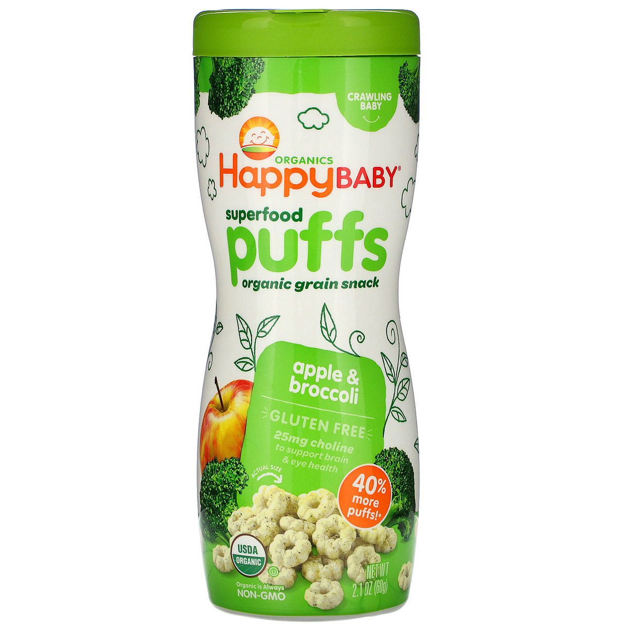 

Happy Family Organics, органические снеки для детей, Колечки из суперпродуктов Puffs яблоко и брокколи, 60 г