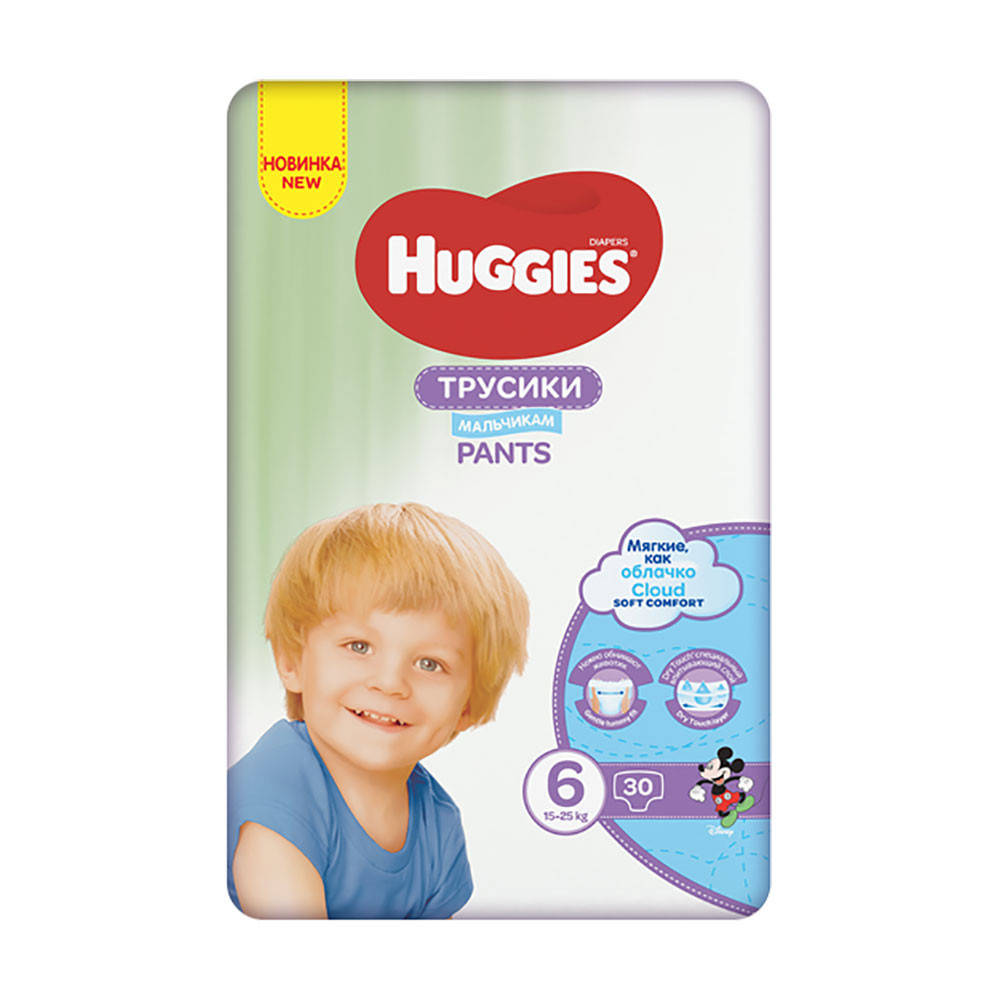 

Трусики-подгузники Huggies Pants для мальчиков, размер 6 (15-25 кг), 30 шт, Белый