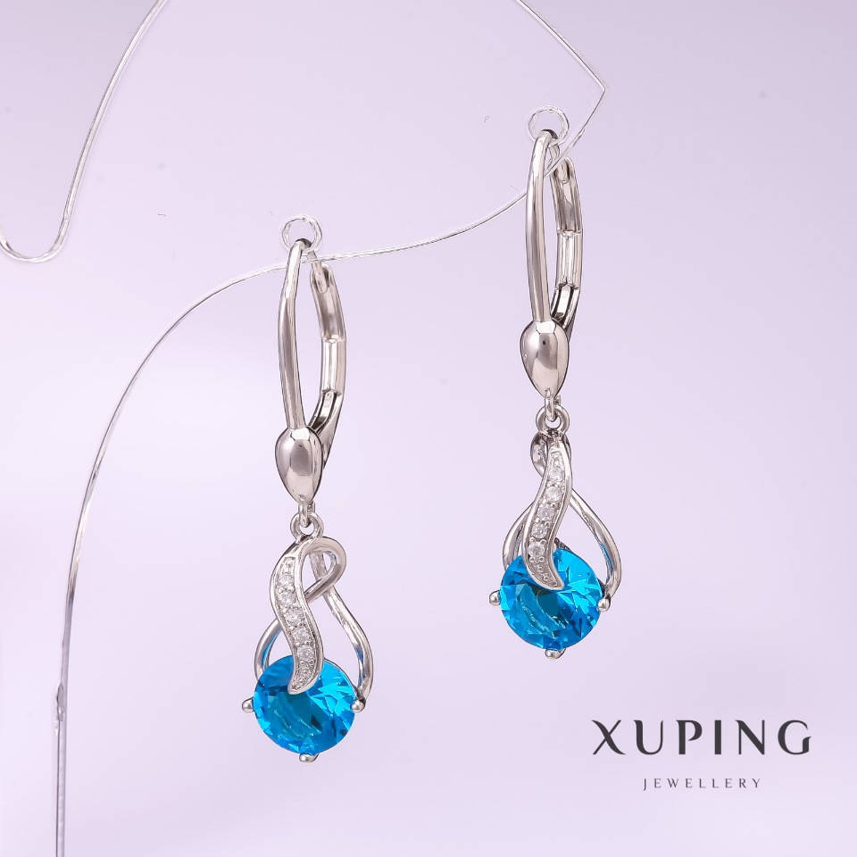 

Серьги Xuping с голубым камнем 32х8мм родий