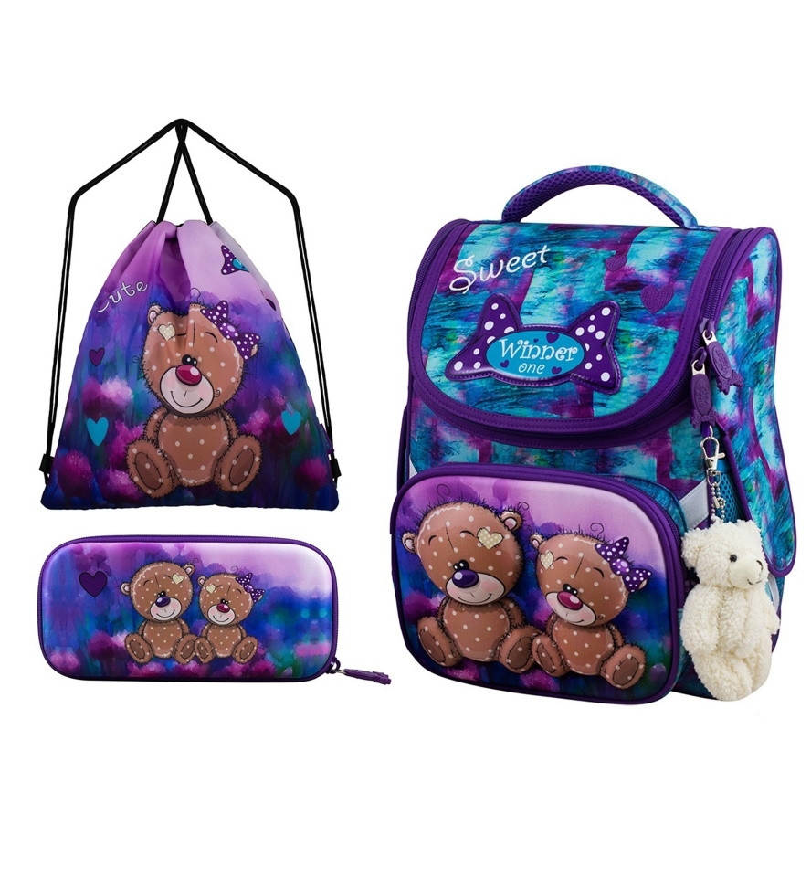 

Рюкзак для девочки в 1-3 класс школьный ортопедический пенал и сумка для сменки Мишки Winner One 2044, Бирюзовый